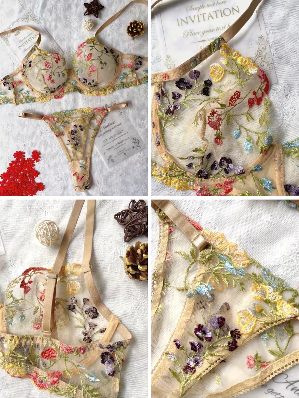Sheer Floral Embroidered Bralette & Thong Set - Beige/Yellow, Size Medium, NWT - Picture 7 of 7